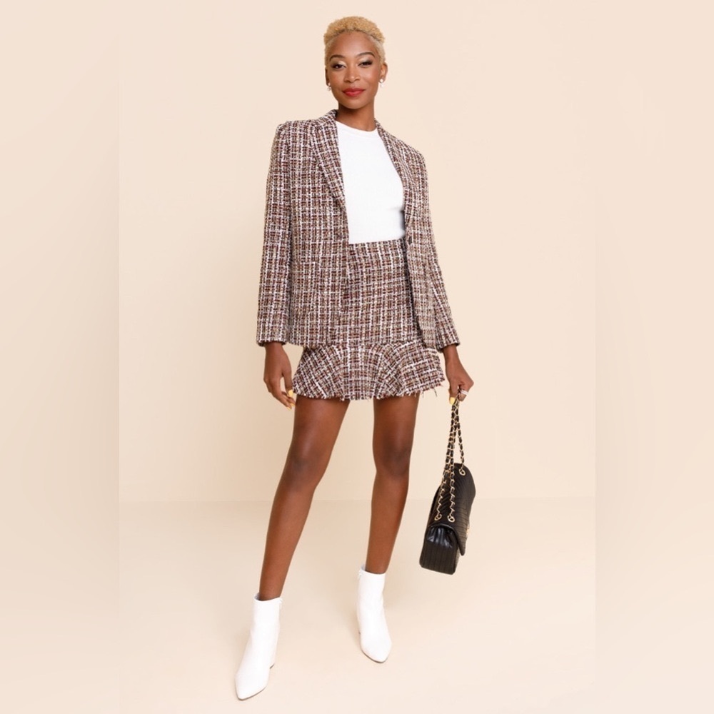 NWT Tartan Plaid Tweed Mini Skirt Womens Large Metallic Ruffle Drop Waist Frayed